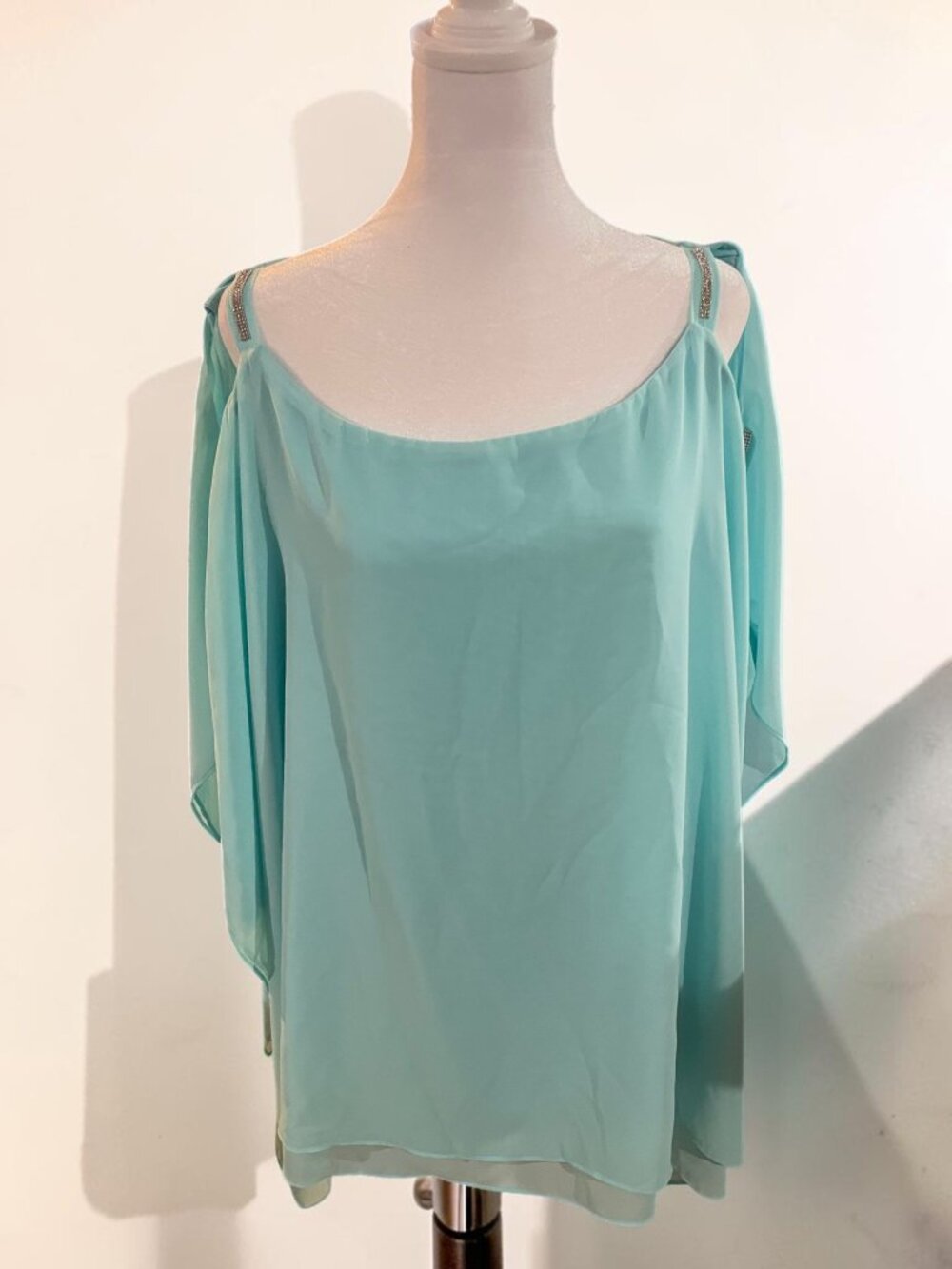 JM Collection Plus Size Lattice-Sleeve Poncho Blouse Size XXL Blue w Rhinestones